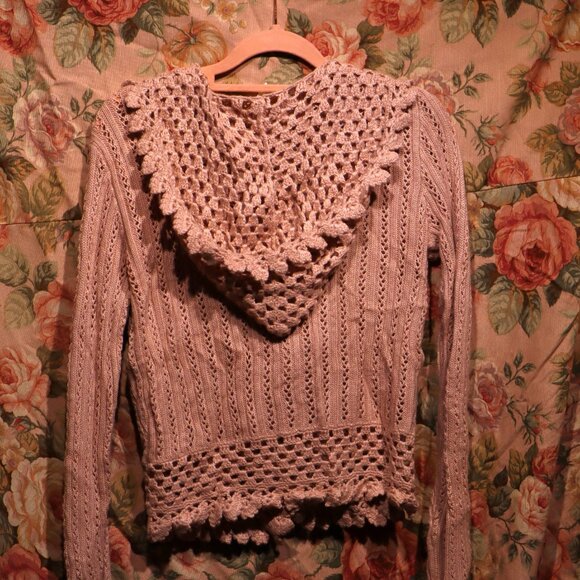 Size L Dusty Pink Knit Sweater with Button Front and Hood Long Push Up Sleeves - Picture 2 of 5